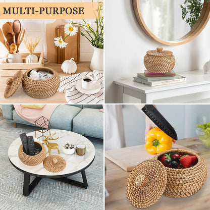Hipiwe Round Rattan Basket Boxes With Lid Hand-Woven Wicker Storage Baskets Bin Decorative Basket Box Multi-Purpose Picnic Food Bread Basket Small Keys Basket Bowl for Entryway (X-Small,4.7"x3.3")