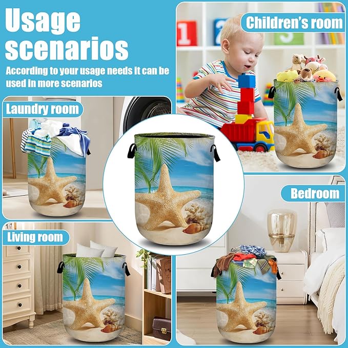 Starfish Seashell Laundry Basket, Ocean Sea Beach Laundry Hamper Collapsible