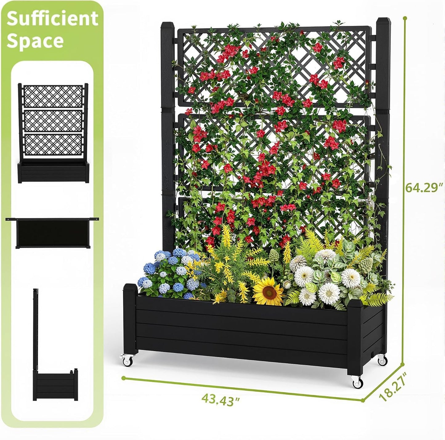EasyUp Rolling Garden Planter Box with Trellis & Lockable Casters, Outdoor Raised Bed with Drainage & Water Gauge, Durable Resin for Patio, Balcony, Yard, Dust-Proof (Black, 43.43 * 18.27 * 64.29)