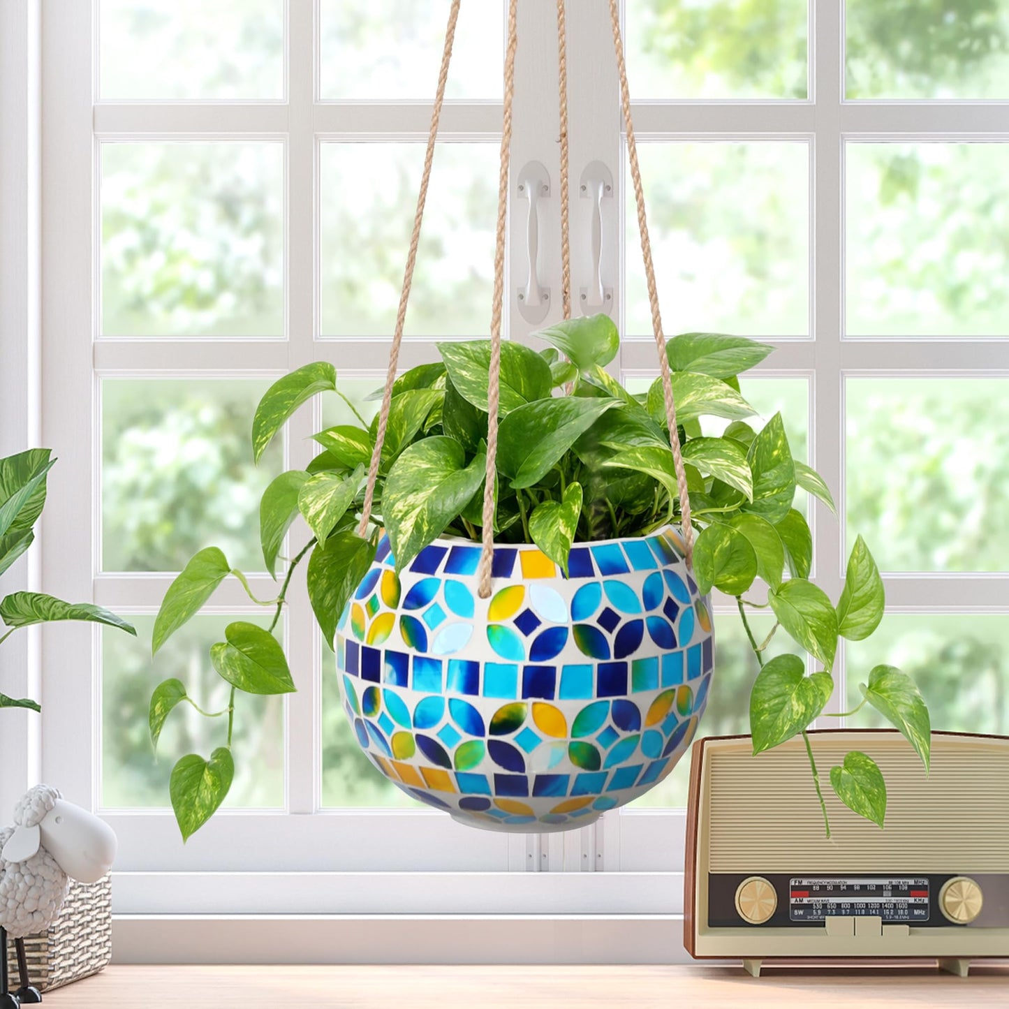 Chonsun Ceramic Hanging Planter Mosaic Hanging Flower Pot Small Plant Pot for Indoor Plant Garden Decor Disco Ball Planter with Drainage Square Blue