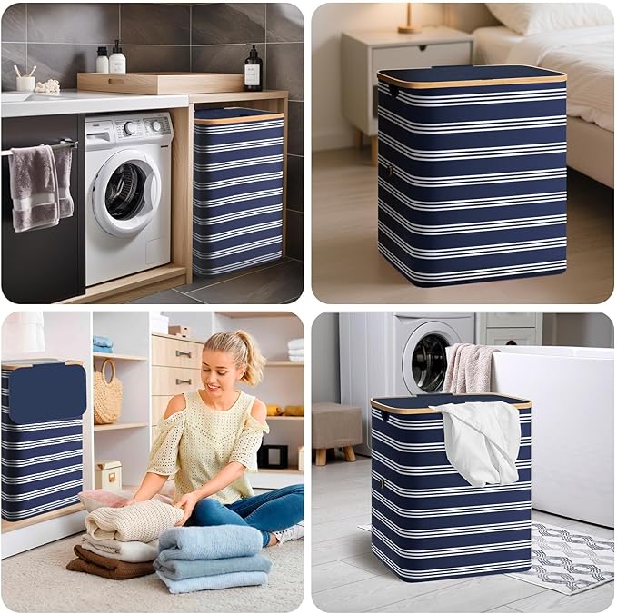 BALEINE Laundry Hamper with Lid, Tall Laundry Baskets with Bamboo Pull Handles