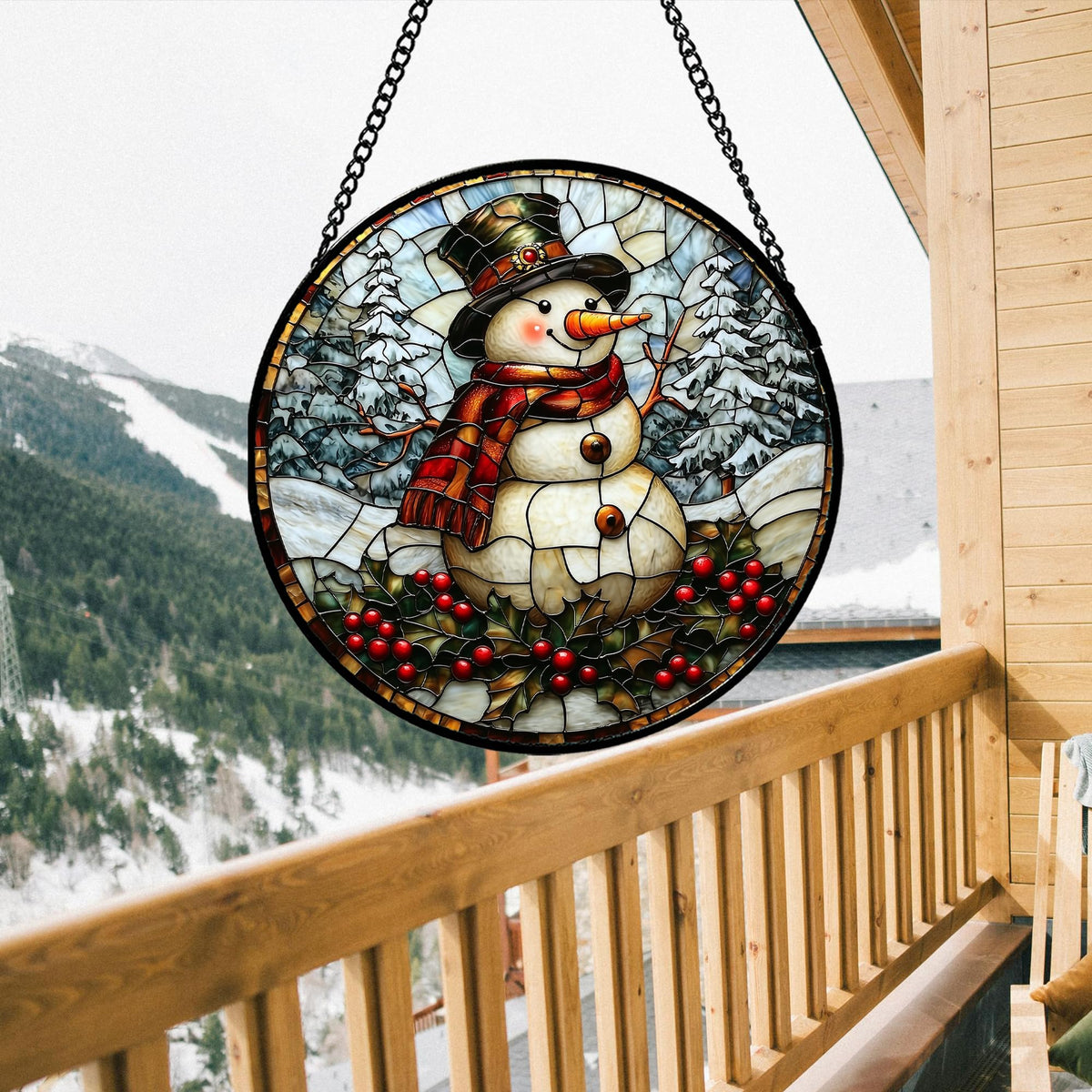 JOSUMALY Stained Glass Window Hanging - Christmas Snowman Suncatcher for Door Terrace Garden Home Decor Winter Forest Snow Sun Catcher Birthday Gifts for Lovers Women Men Dad Mom Nana 15 in