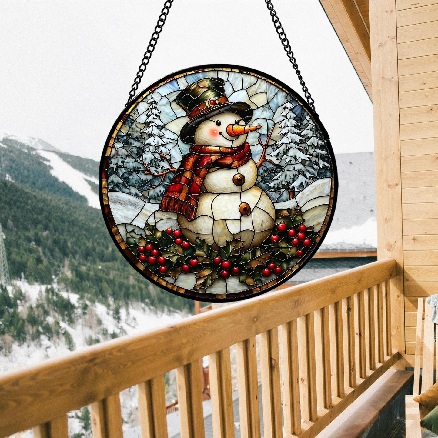 JOSUMALY Stained Glass Window Hanging - Christmas Snowman Suncatcher for Door Terrace Garden Home Decor Winter Forest Snow Sun Catcher Birthday Gifts for Lovers Women Men Dad Mom Nana 15 in