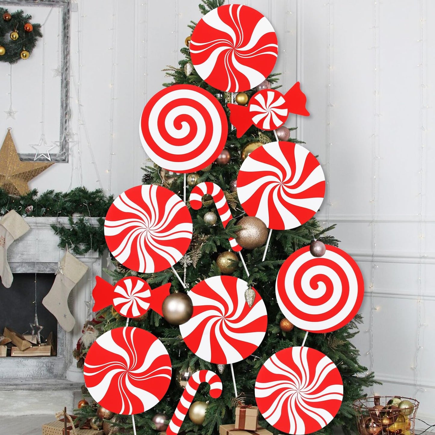 12Pcs Large Peppermint Lollipop Candy Cane Christmas Tree Picks Red and White Candy Shaped Xmas Tree Toppers Ornaments Decorations for Wreath Vase Home Office Holiday Party Supplies