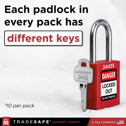 TRADESAFE Lockout Tagout Locks Set - 10 Red Loto Locks, Lockout Locks Keyed Different, 1 Key Per Lock, OSHA Compliant Lock Out Tag Out Padlocks, Safety Padlocks for Electrical Lockout Tag Out Kits