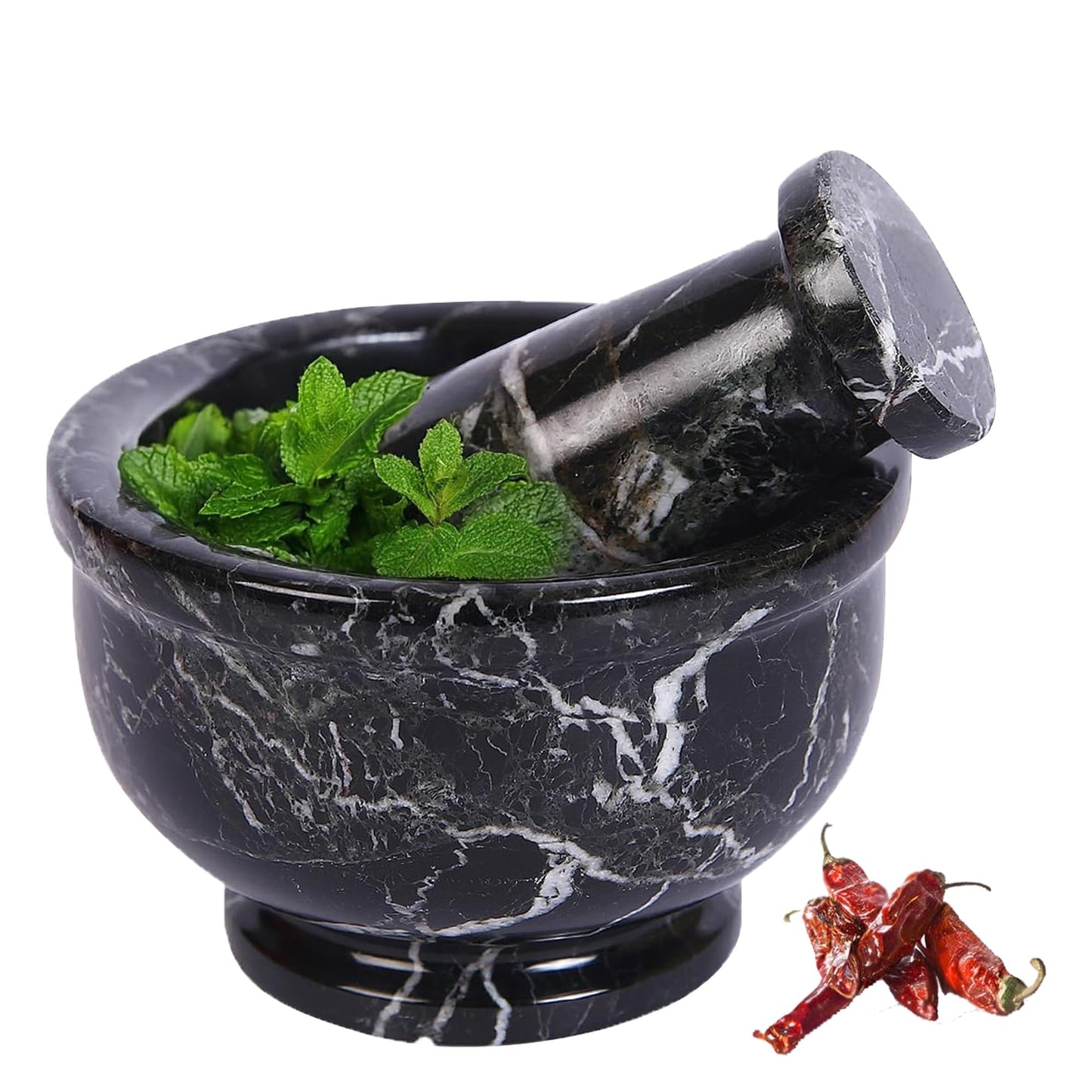 Marble Hives Hand Grinder Marble Mortar & Pestle Set – 4 Inch Black Kitchen Tool Set for Guacamole, Herbs, Spices, Pill Crushing, Fine Powder Grinding & Coffee – Premium Stone Mortar (Large)