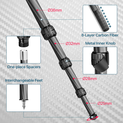 Manbily Carbon Fiber Hunting Tripod, 36mm Thick Leg Shooting Tripod with 360 Degree 44mm Large Ball and Picatinny to Arca Swiss Adapters, Max Load 44 lbs - TS-364PA