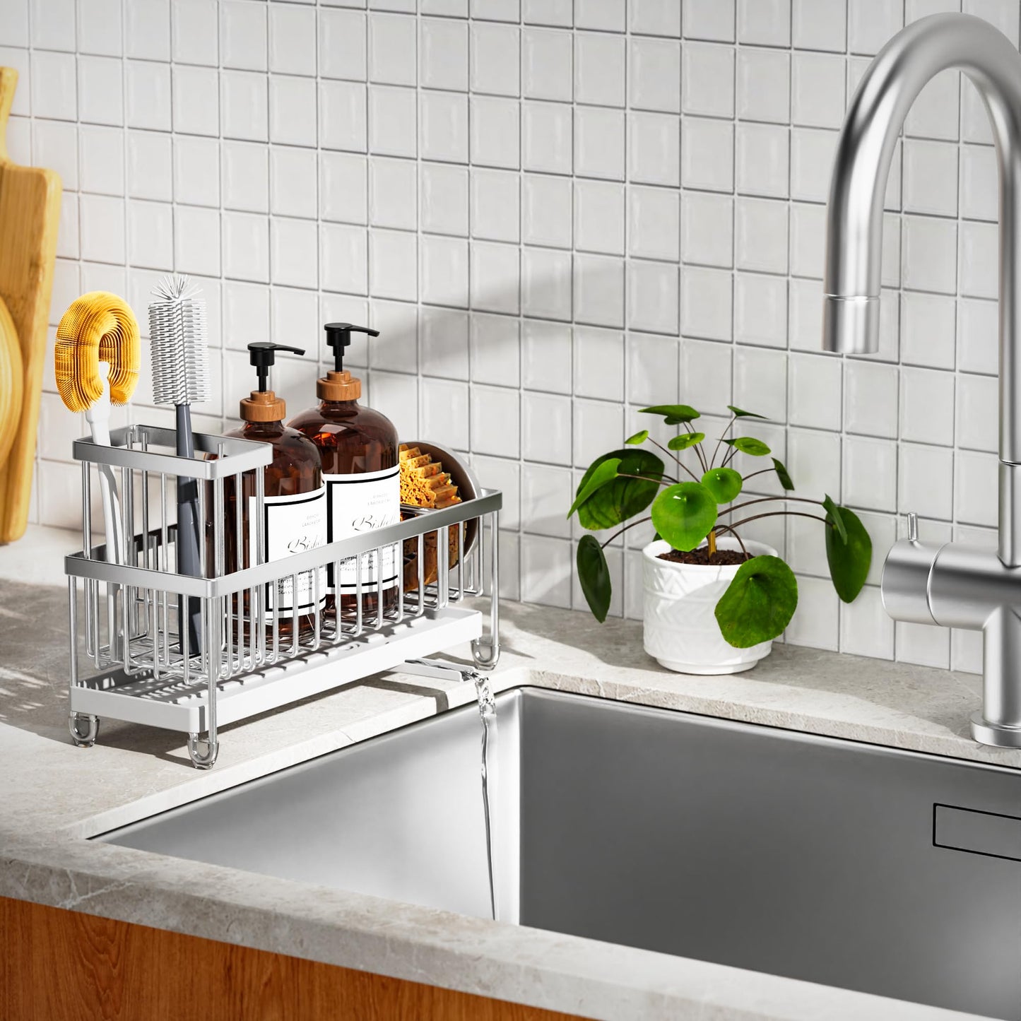 Cisily Black Sponge Holder for Kitchen Sink, Sink Caddy Organizer with High Brush Holder, Kitchen Countertop Organizers and Storage Essentials, Rustproof 304 Stainless Steel, Soap Dispenser Organize