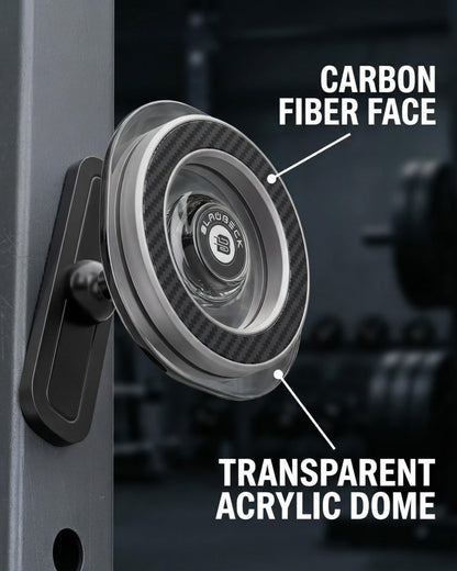 BLAUBECK Magnetic Gym Phone Holder for MagSafe & Android | Carbon Fiber Face + Transparent Acrylic Disc | Ball Joint 360° Mount for Squat Racks, Golf Carts & Metal Equipment | Metal Ring Included