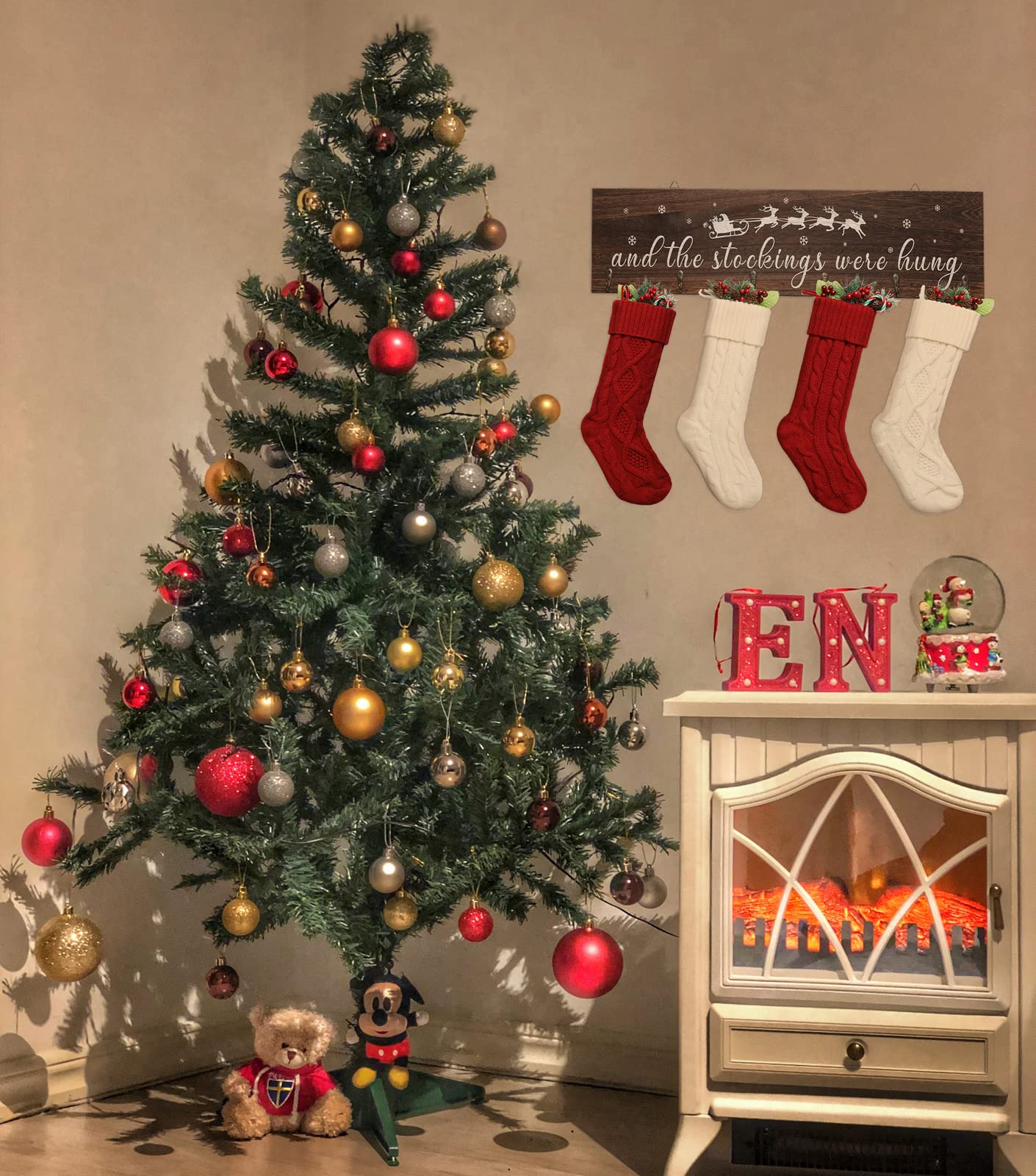 KORMMCO Christmas Stocking Holder, The Stocking were Hung Wood Hanging Sign, Stocking Holder for Wall, Xmas Stocking Holder with 6 Hangers for Fireplace Mantel, 24 inch,Brown,