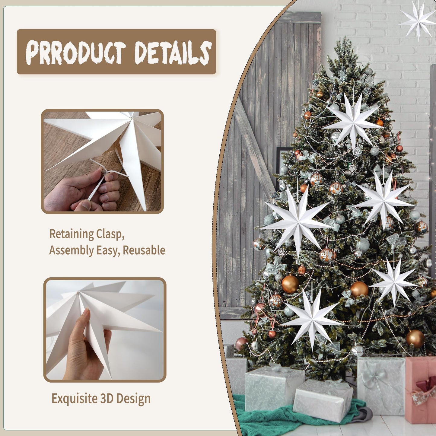 WNSIRVY 5 Pack 9-Pointed Large 3D Paper Star Lanterns White Hanging Lanterns with Star Garland Banner for Halloween Christmas Baby Shower Wedding Birthday Home Decorations