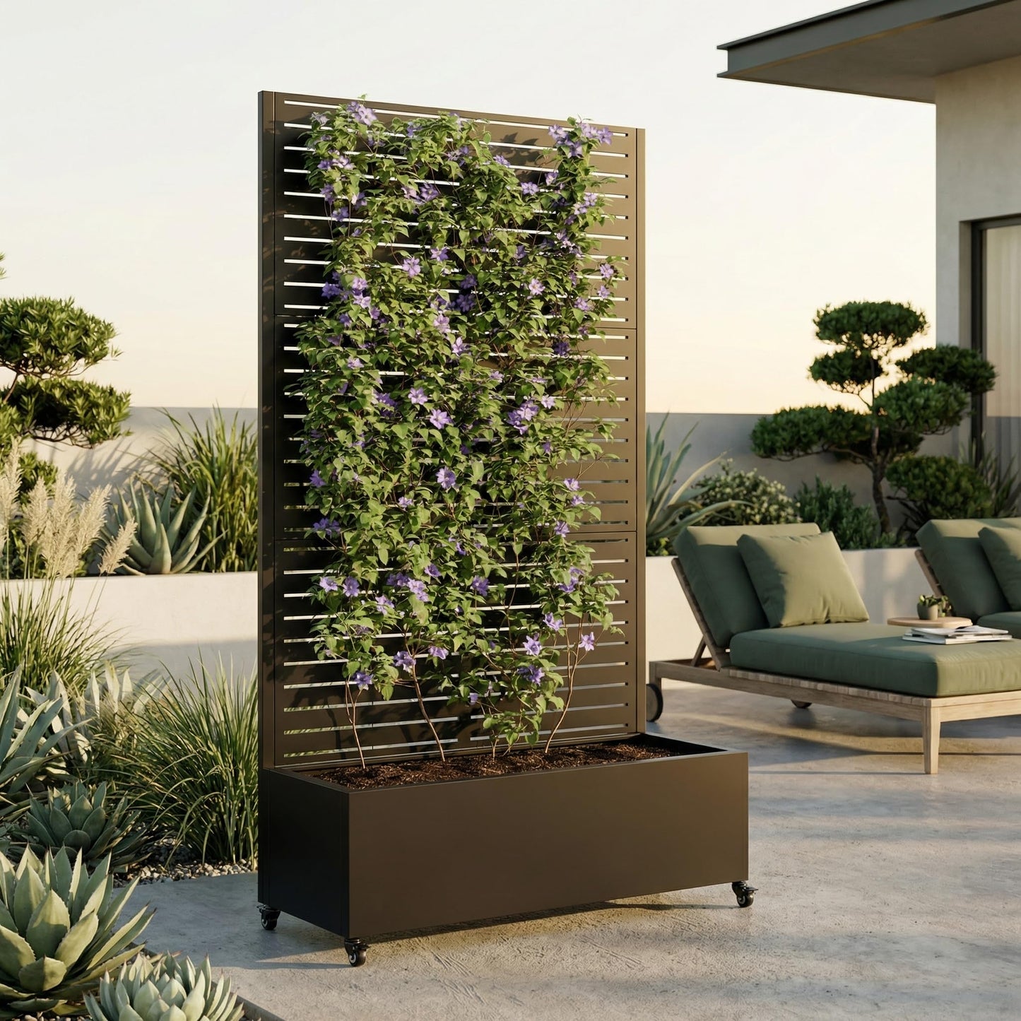 FLOHOVER 73" Metal Planter Box with Trellis, Outdoor Raised Garden Bed with Lockable Wheels & Drainage Holes, Galvanized Steel Privacy Screen Trellis Planter for Climbing Plants Vines Flowers