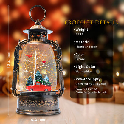 Extra Large Christmas Snow Globes Christmas Lantern, 13.8" Cardinal Musical Snow Globe 8 Songs 6H Timer Music Box Dual Power Snowglobes for Kids Adults Red Truck Lighted Christmas Decor Indoor Gifts