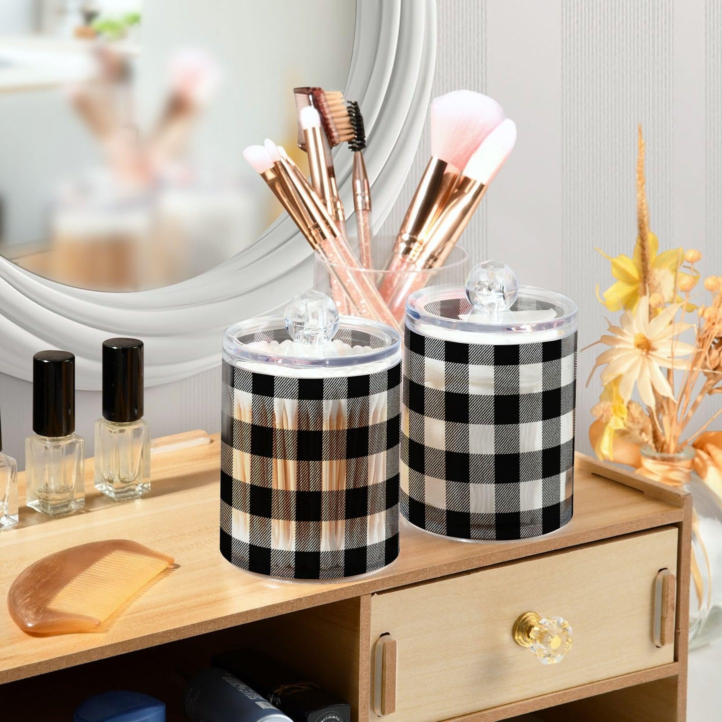 Gravopti Black and White Buffalo Plaid 14oz Storage Jars with Lids, Clear Plastic Airtight Kitchen Food Canisters for Candy, Salt, Coffee Beans, 2 Pack