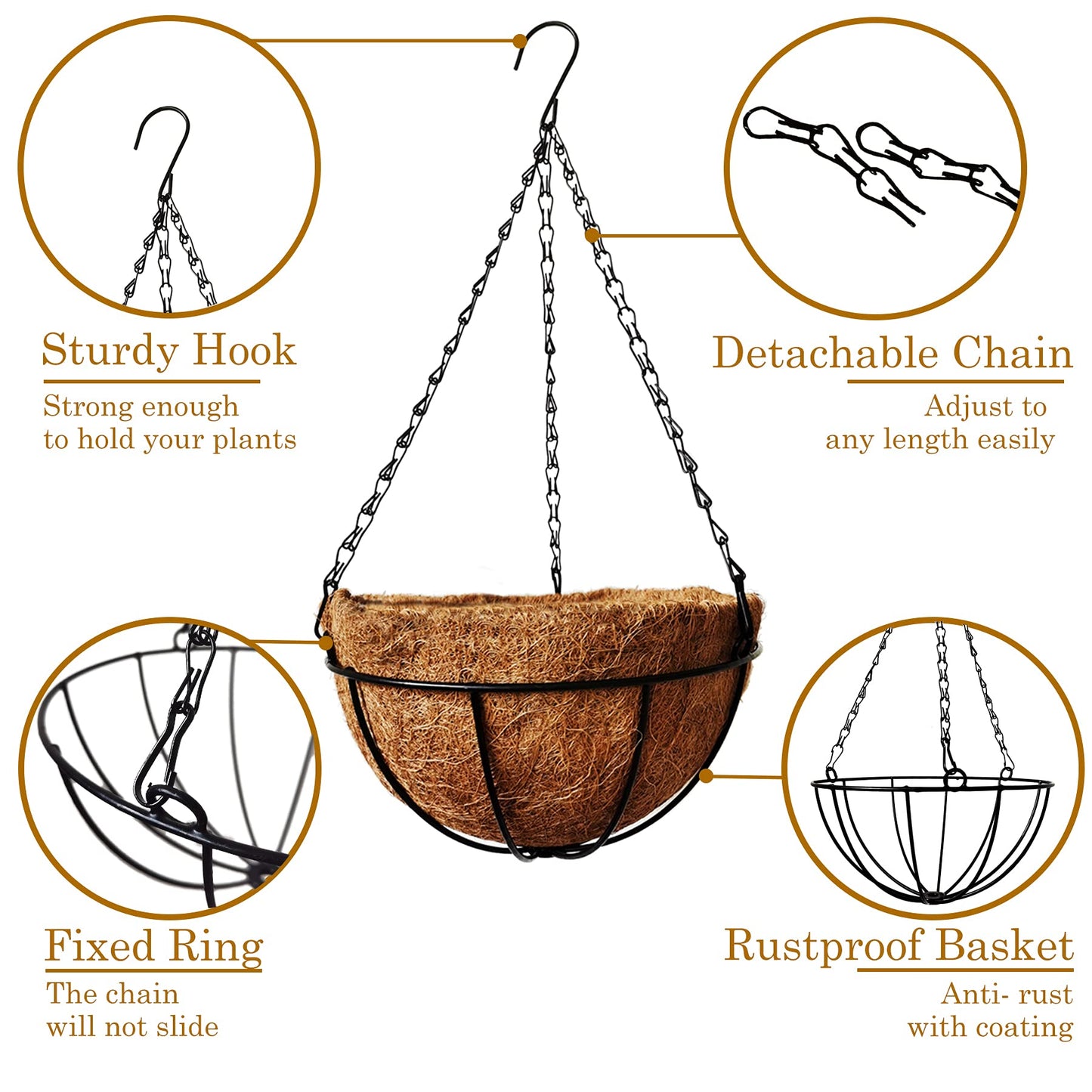 ArtFamy Hanging Baskets for Plants Outdoor(8 inch 4 Pack)- Coconut Coir Hanging Planters Outdoor, Metal Wire Baskets with Coco Liner, Hanging Pots for Plants Indoor, Flower Pots for Railings