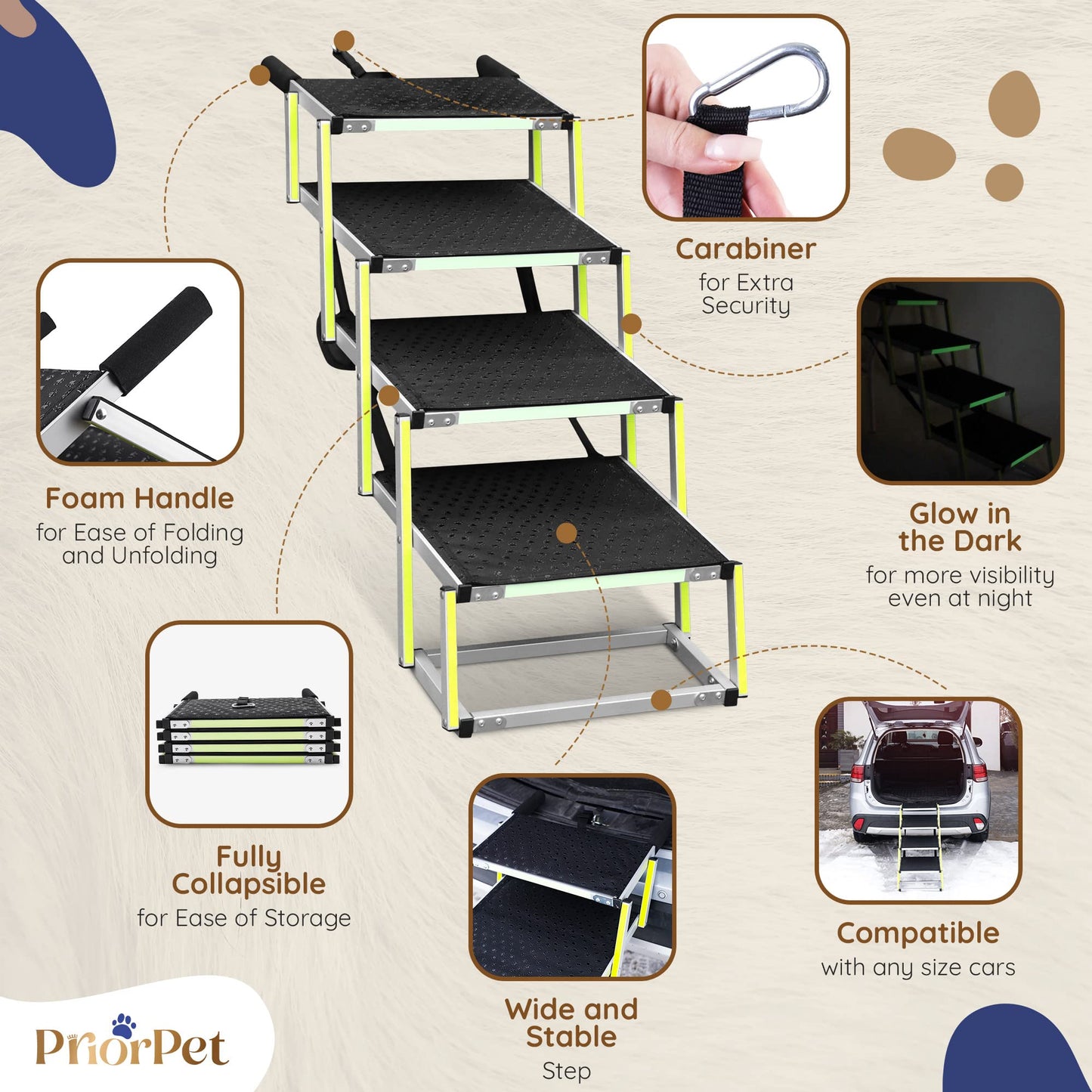 Dog Steps for Car - Dog Ramps for Cars with Glow in the Dark Marking - Non-slip surface Car Ramp - Suitable for Small Cars and Estates - Portable Aluminum Folding Pet Ramp for Dogs - 4 Steps