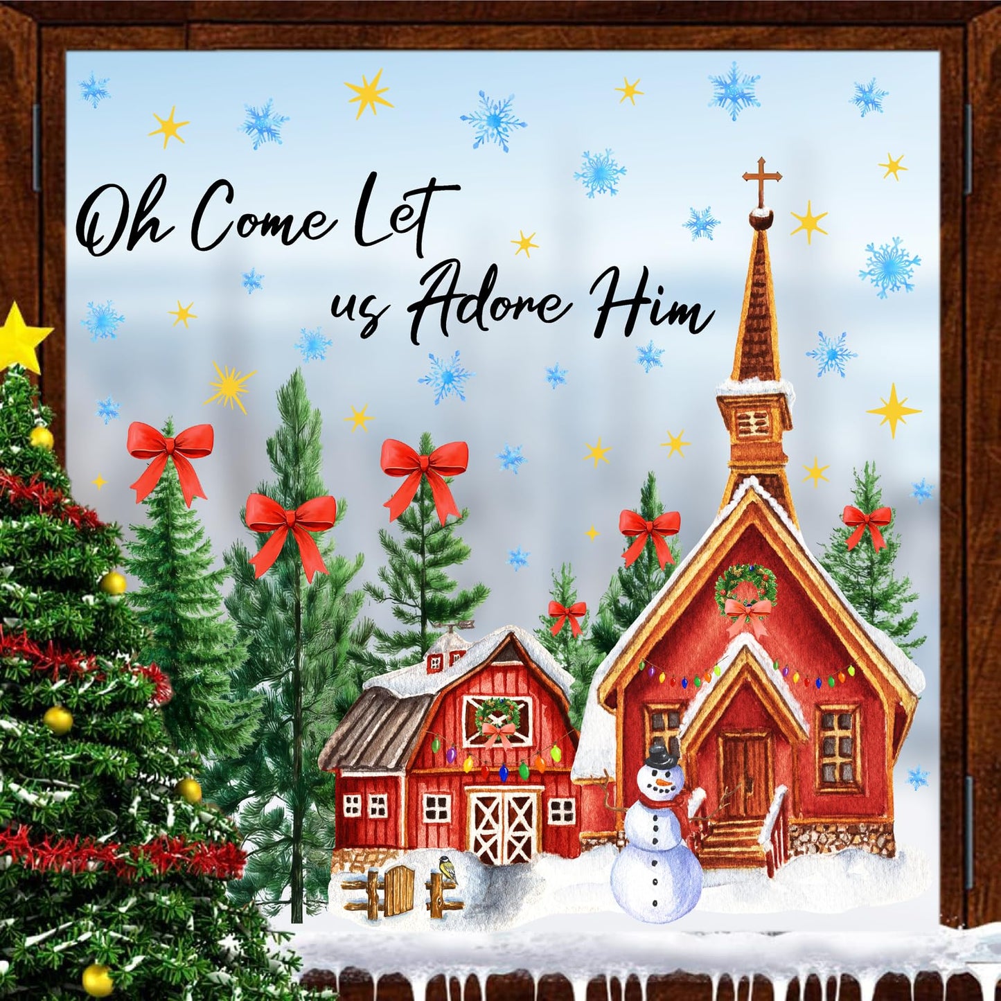 Large Christmas House Wall Stickers Christmas Pine Tree Window Wall Decals Winter Snowflake Snowman Tree House Window Stickers Holiday Windows Decals Removable Xmas Party Decorations