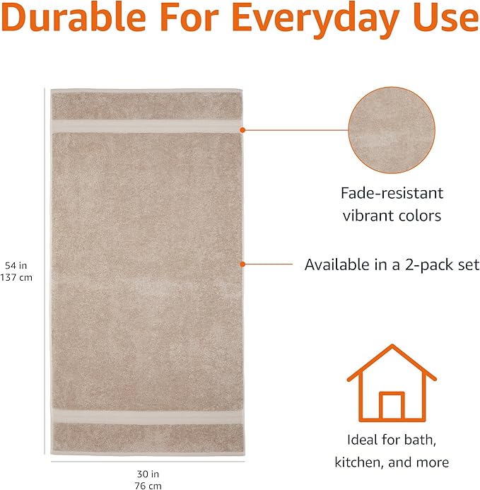 Amazon Basics Fade-Resistant 100% Cotton Bath Towel, Machine Washable