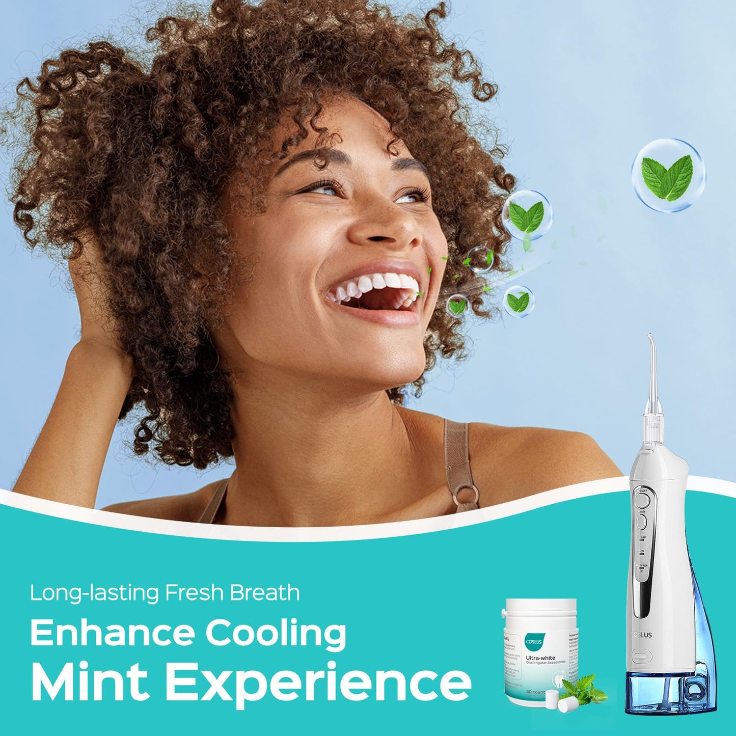 COSLUS Water Flosser Pick with 30pcs Whitening Mint Flavor Refill Combo for Teeth, Braces, Gums Care - Easy to Use, Portable for Coffee Lovers & Travel, Rechargeable, BPA-Free, Black, W40(F5020E)