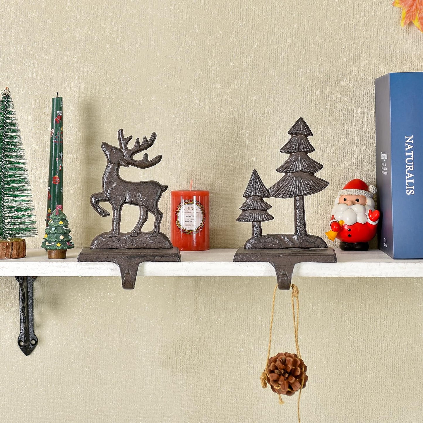 Sungmor Christmas Stocking Holders, 2PC Cast Iron Mantel Hooks Home Decor Holiday Gifts, Heavy-Duty Anti-Slip Fireplace Hangers, Christmas Tree Reindeer Pattern Hooks for Xmas Shelf Topper Decoration