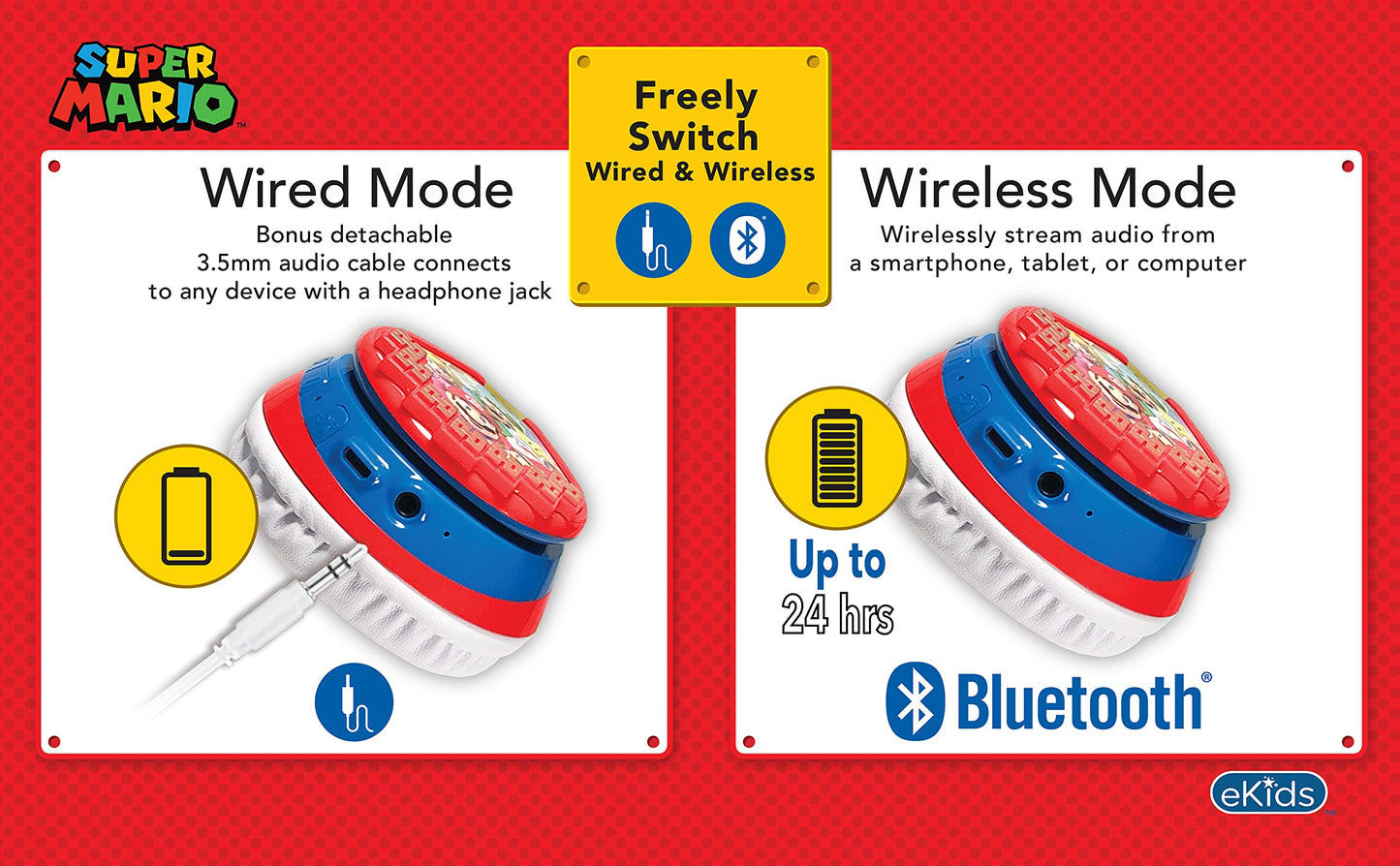 Super Mario Wireless Bluetooth Portable Kids Headphones with Microphone, Volume Reduced to Protect Hearing Rechargeable Battery, Adjustable Kids Headband for School Home or Travel