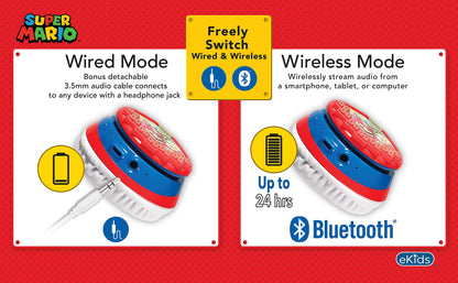 Super Mario Wireless Bluetooth Portable Kids Headphones with Microphone, Volume Reduced to Protect Hearing Rechargeable Battery, Adjustable Kids Headband for School Home or Travel