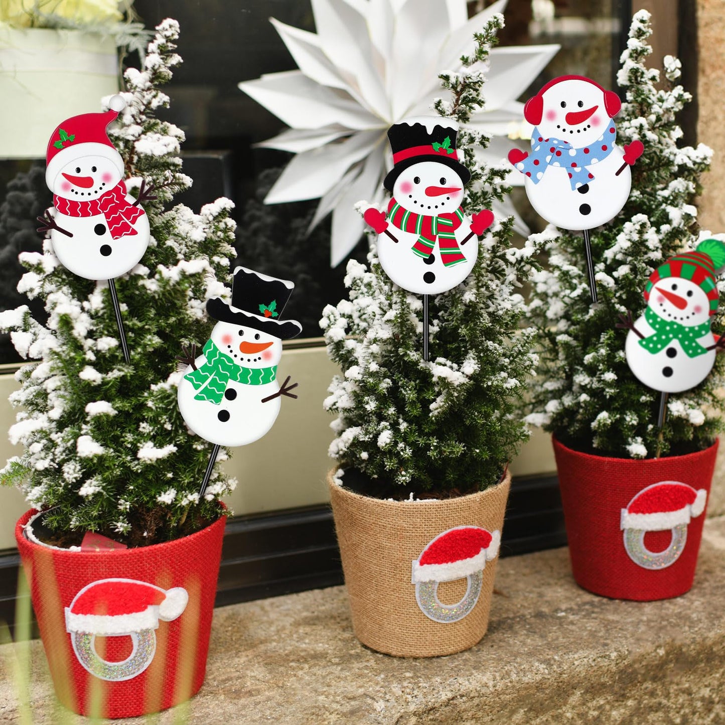 Roowest 5 Pack 12'' H Metal Winter Yard Stakes Outdoor Decorations Snowman Garden Signs Christmas Potted Plant Stakes for Holiday Winter Home Lawn Garden Porch Walkway Party Decor