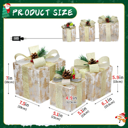 DomKom Set of 3 Nesting Christmas Lighted Gift Boxes - Indoor/Outdoor LED Present Decorations with Metal Frame, Silver Bows & Pinecone Accents - Pre-Lit Holiday Yard & Home Decor