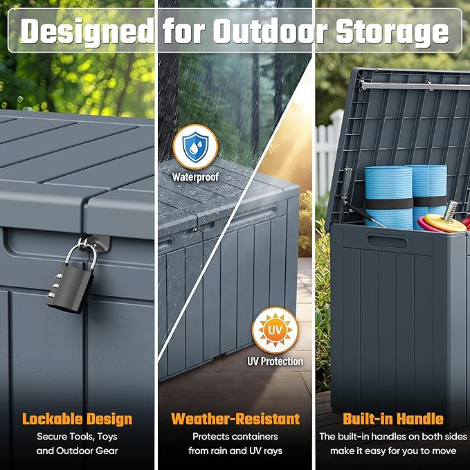 Greesum 110 Gallon Outdoor Storage Box with Lockable Lid, All-Weather Solution for Patio Furniture, Pool Supplies & Garden Tools, Waterproof, UV-Resistant Large Deck Box, Gray