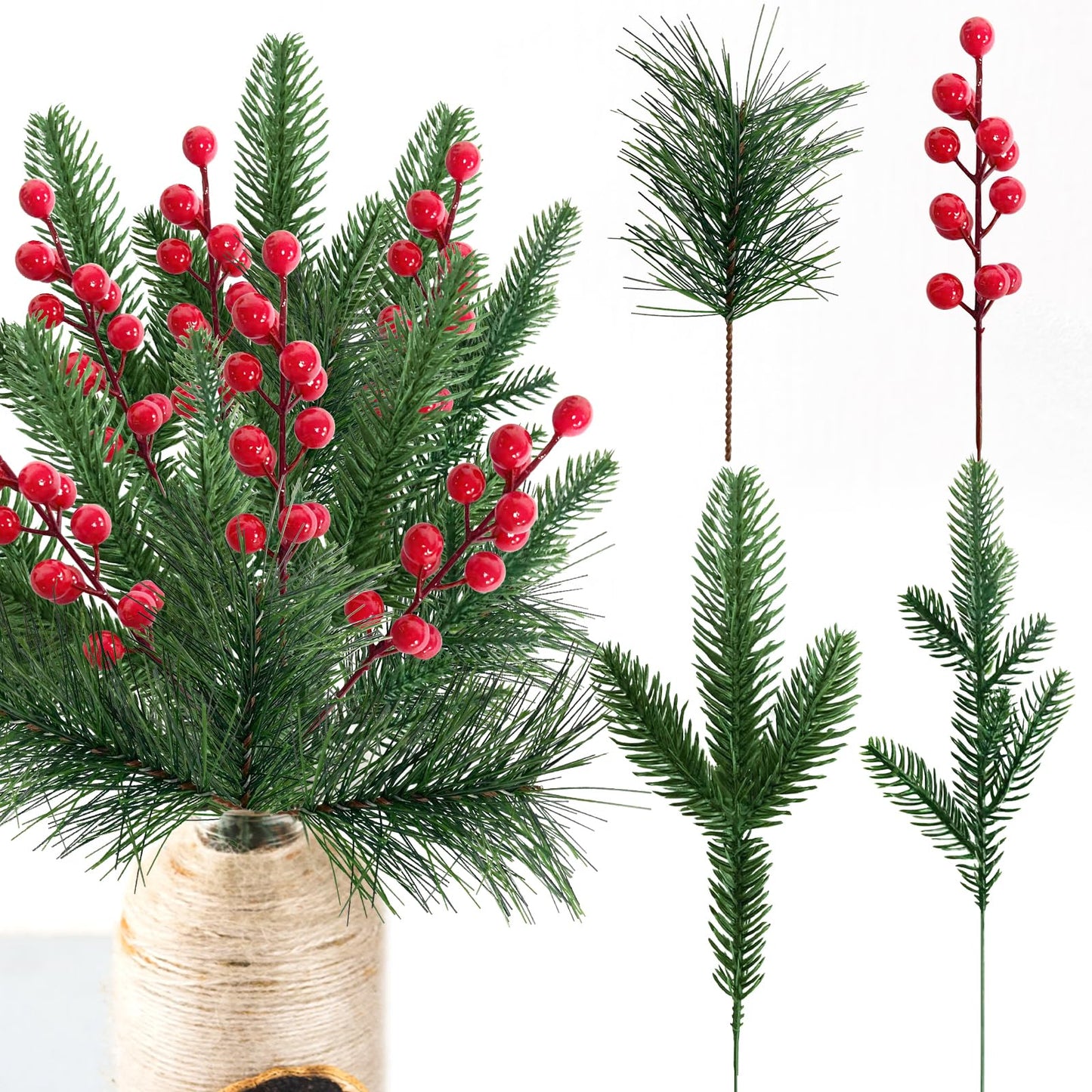 24 Pcs Christmas Artificial Pine Picks and Red Berry Stems, 10.5 Inch Greenery Pine Sprigs, 8 Inch Red Berry Branches, Faux Holiday Floral Picks for Wreaths, Garlands, Craft DIY, and Xmas Decorations