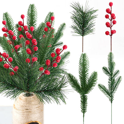 24 Pcs Christmas Artificial Pine Picks and Red Berry Stems, 10.5 Inch Greenery Pine Sprigs, 8 Inch Red Berry Branches, Faux Holiday Floral Picks for Wreaths, Garlands, Craft DIY, and Xmas Decorations
