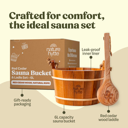 Nature Hytte Red Cedar Sauna Bucket and Ladle Set 6L (1.6 Gallon) - Natural Rope Handle - Premium Red Cedar Wood - Natural Aroma - Elegant Gift-Ready Packaging