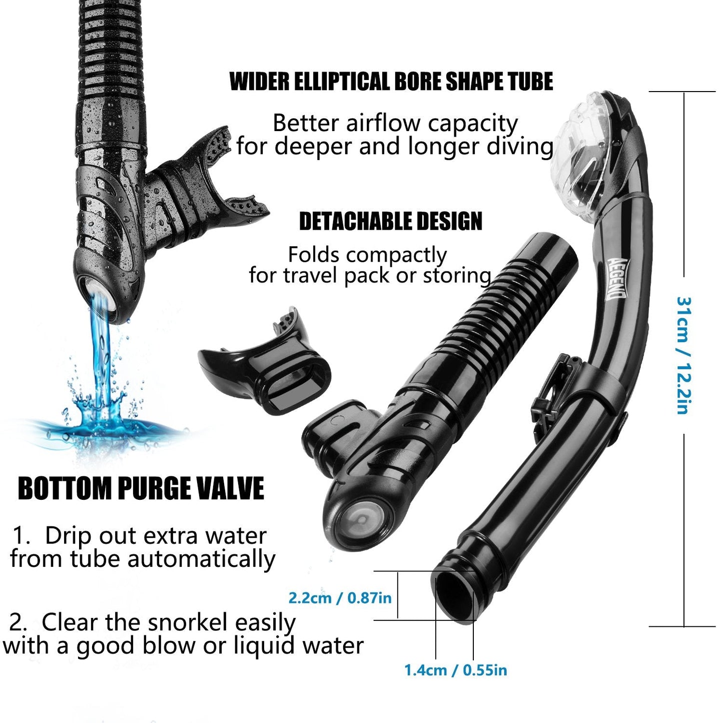 Aegend Dry Snorkel, Easy-Breath Free Diving Snorkel for Snorkeling Scuba Diving Freediving Swimming, with Top Dry Valve and Food-Grade Silicone Mouthpiece for Adult Youth, Black
