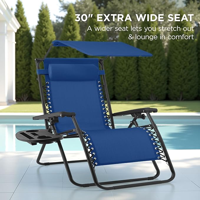 Best Choice Products 30” Wide Folding Zero Gravity Outdoor Recliner Patio Lounge Chair w/Adjustable Canopy Shade, Headrest, Side Accessory Tray - Marine