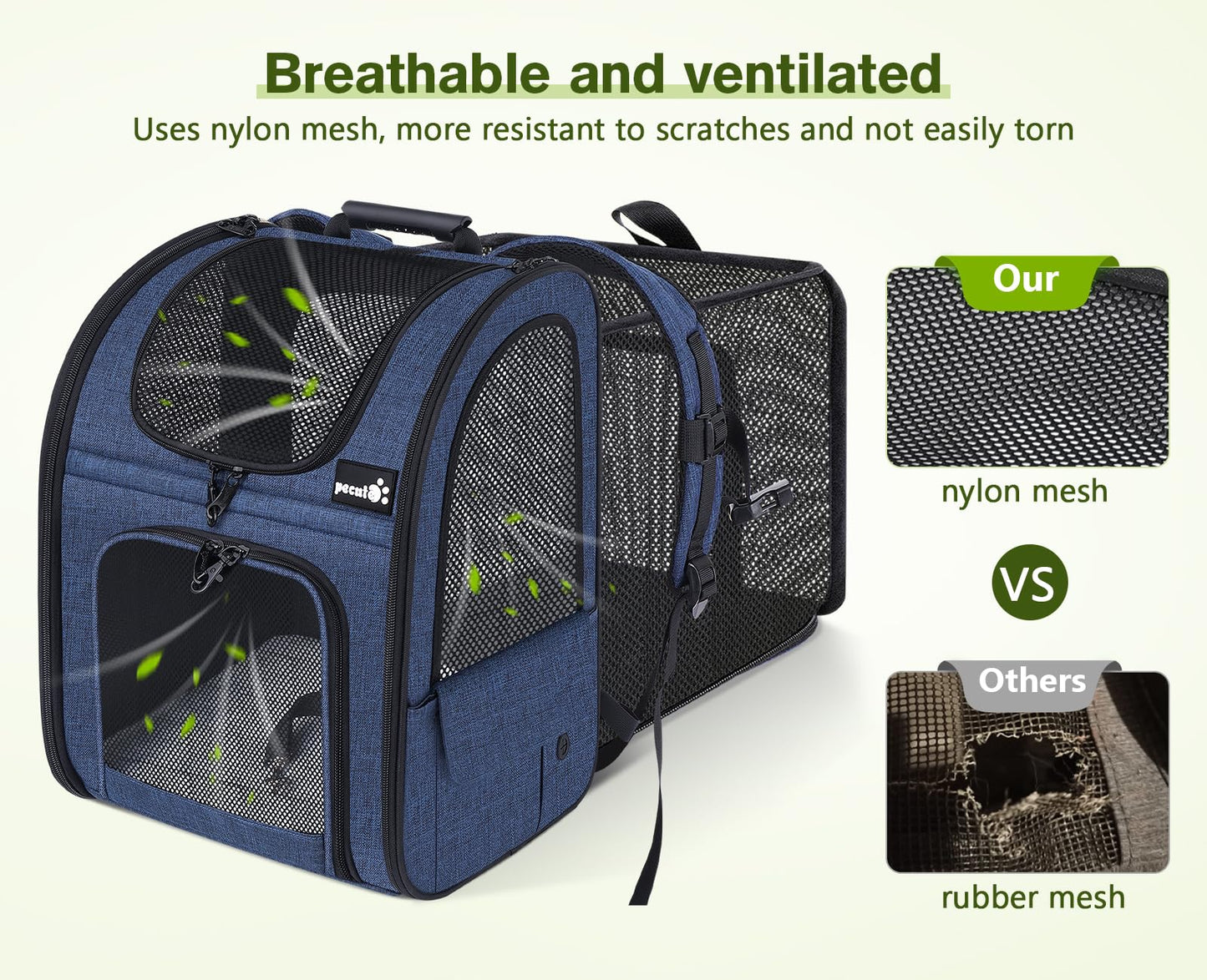 pecute Cat Carrier Dog Backpack Expandable, Portable Breathable Rucksack with Front Opening-Mesh Window-Pockets, Extendable Back More Space Great For Carrying Puppy Dogs Cats Up to 8KG(Blue)