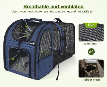 pecute Cat Carrier Dog Backpack Expandable, Portable Breathable Rucksack with Front Opening-Mesh Window-Pockets, Extendable Back More Space Great For Carrying Puppy Dogs Cats Up to 8KG(Blue)