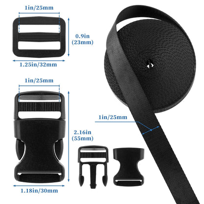 UQW Buckles and Straps Combo Set,10 Yards Nylon Webbing 1 Inch Wide with 6 Dual Adjustable Side Release Plastic Buckles, 12 Pcs Tri-Glide Slider Clips (1" Set Black)