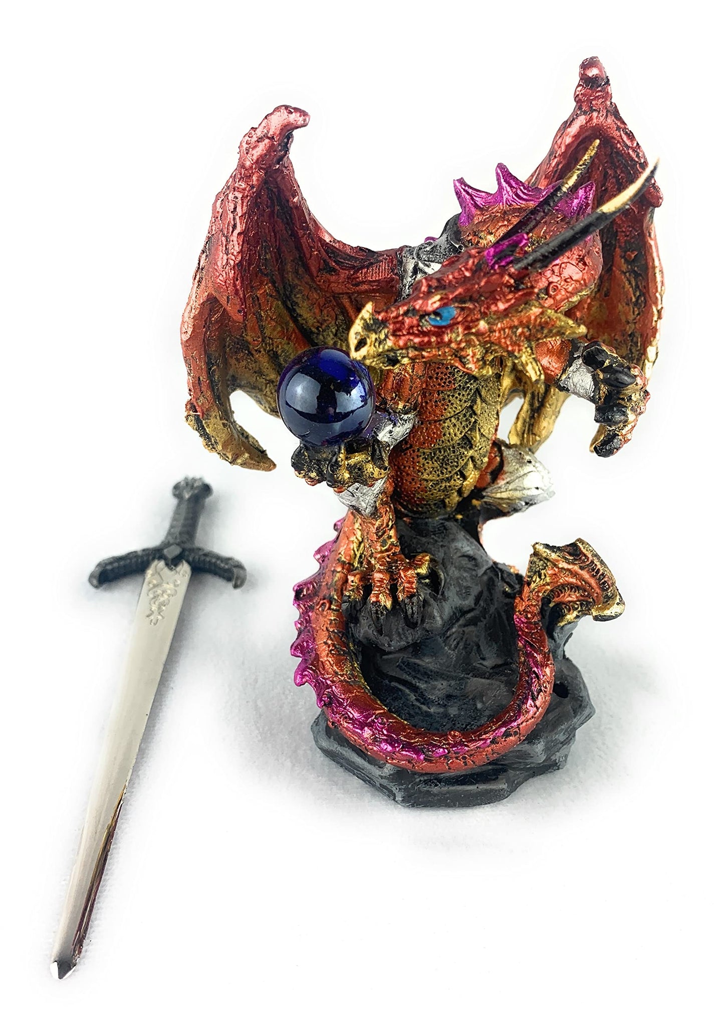 Ain't It Nice Dragon Statue with Medieval Sword and Crystal Ball - Collectible Dragon Figurine, Red - 4(L) 3.5(W) 7(H) inches