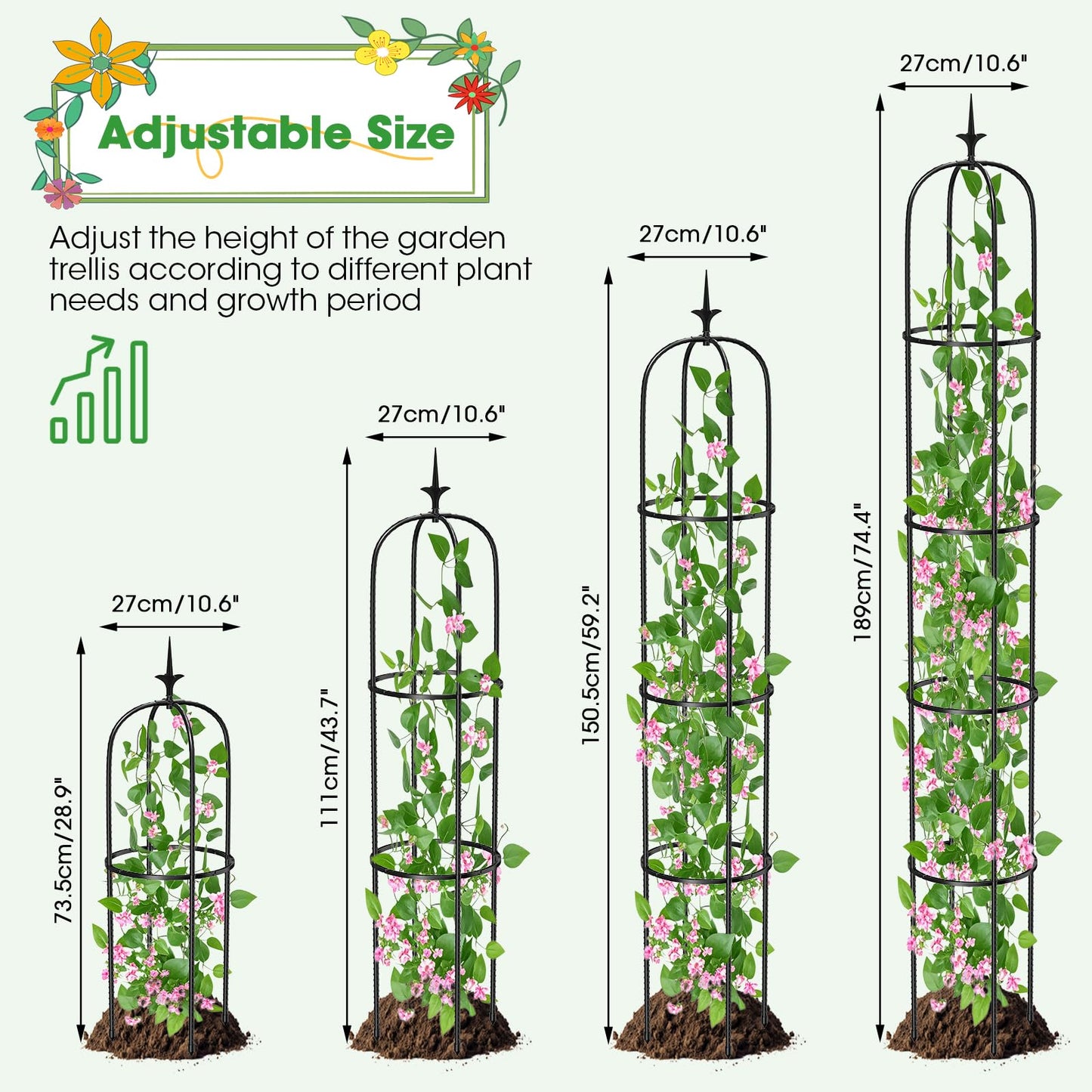 Tower Obelisk Garden Trellis for Climbing Plant，6.2FT/74.4" Rustproof Metal Potted Plant Climbing Support for Indoor Outdoor Flowers Vegetable Fruits Vines Support （1pcs）