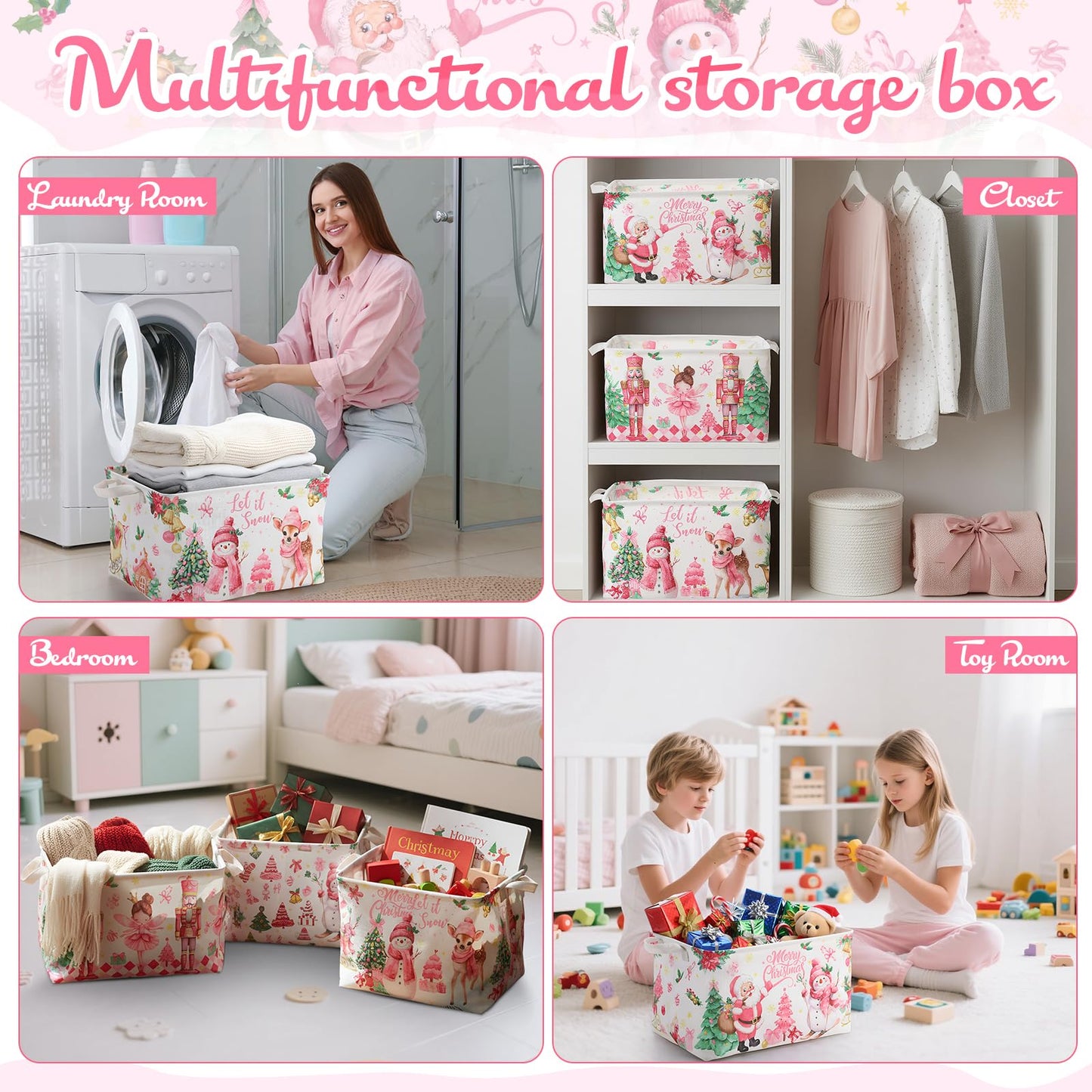 FoldTier 3 Pcs Pink Christmas Baskets Large Christmas Gift Storage Basket with Handles Foldable Snowman Santa Nutcracker Storage Bins Empty Collapsible Holiday Cube Box for Xmas Gifts Toy Clothes Book