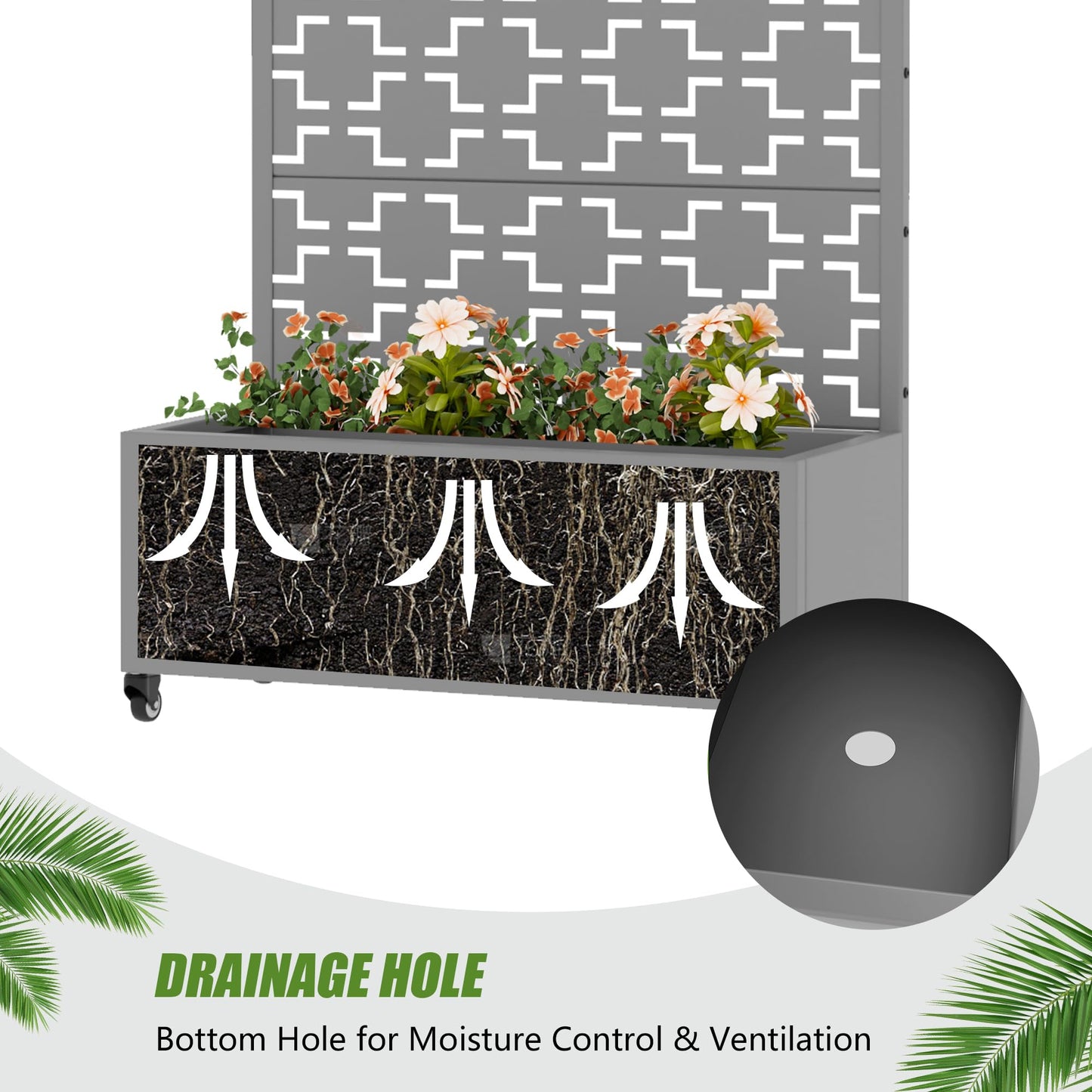 Casaphoria Metal Raised Garden Bed with Trellis and Wheels, 72"x35"x16" Planter Box for Climbing Plants, Vegetables & Vines, Features Drainage Holes and Privacy Screen (Grey-Brick)
