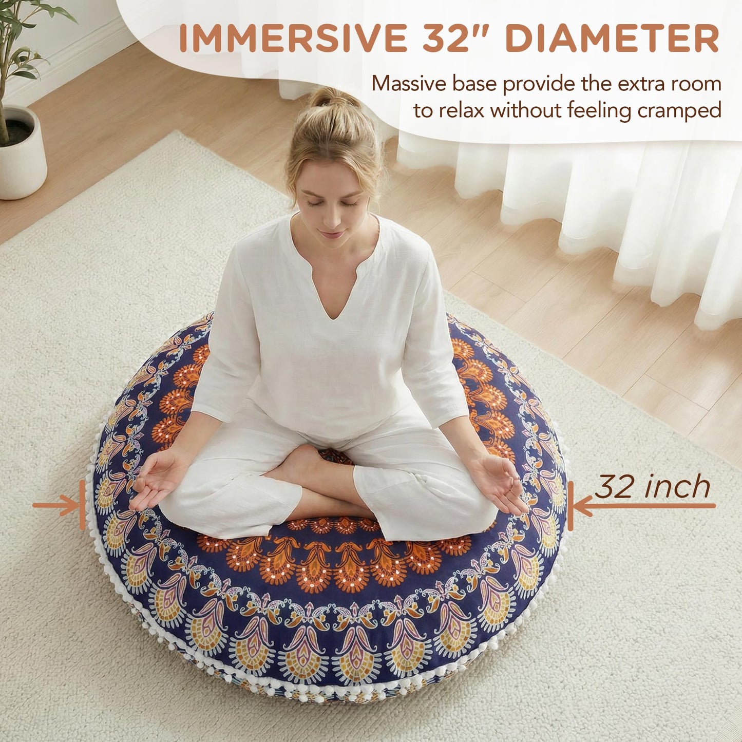Codi Floor Pillows for Sitting Set of 2, Large Meditation Cushions for Adults with Memory Foam, Bohemian Mandala Round Seating for Outdoor Yoga and Living Room, Washable, 32 Inch, Yellow