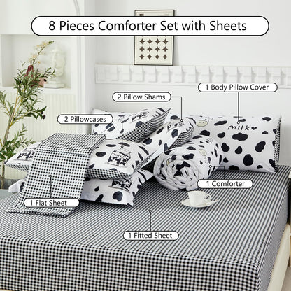 SUCSES Full Size Comforter Set with Sheets 8 Piece Cow Print Bedding Set for Boys Girls Black and White Kids Bed-in-A-Bag Farmhouse Rustic Bed Set for Bedroom (Milk Cow, Full)