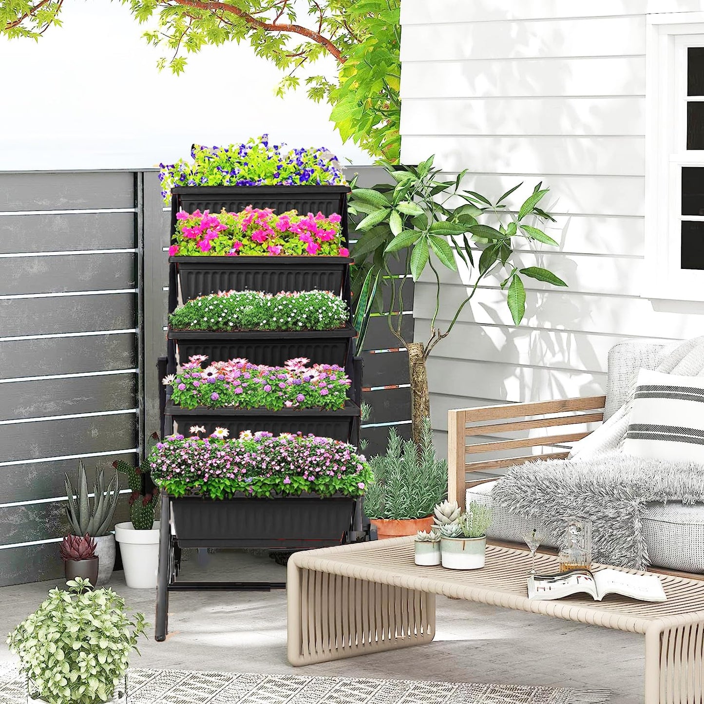 Homdox 5-Tier Elevated Garden Bed with Lockable Caster Wheels - Freestanding Vertical Raised Bed with 5 Garden Planter Boxes- Perfect to Grow Vegetables Herbs Flowers Indoor(Black)