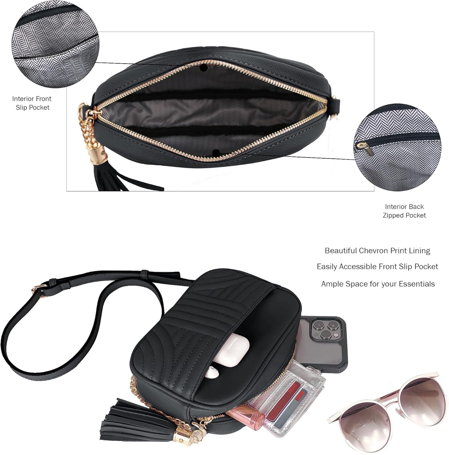 EVVE Quilted Crossbody Bags for Women - Stylish Camera Bag with Tassel - Lightweight Medium Size Shoulder Purse