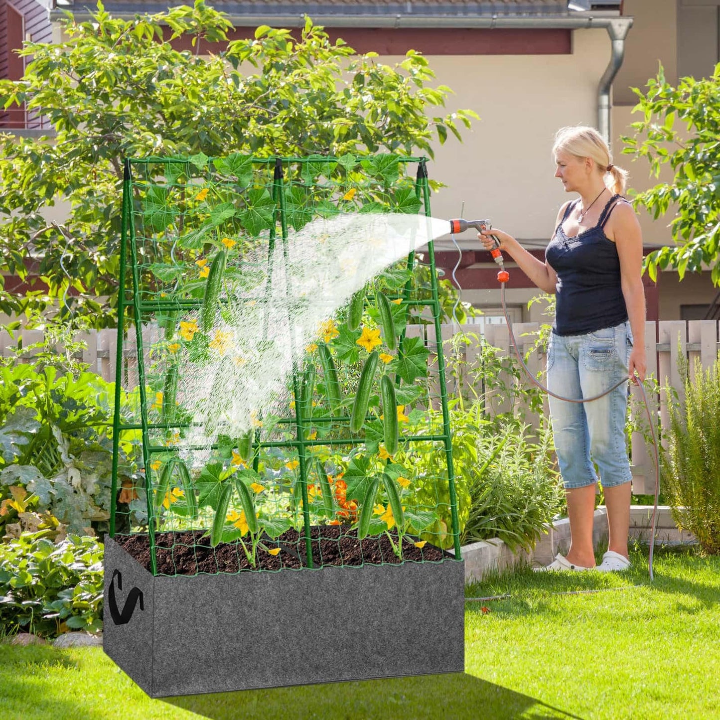 Cucumber Trellis with Grow Bag, 50 x 36 Inches Reusable Garden Vegetable Trellis with Fabric Raised Bed, Climbing Net and Plant Support Clips for Greenhouse Climbing Plants