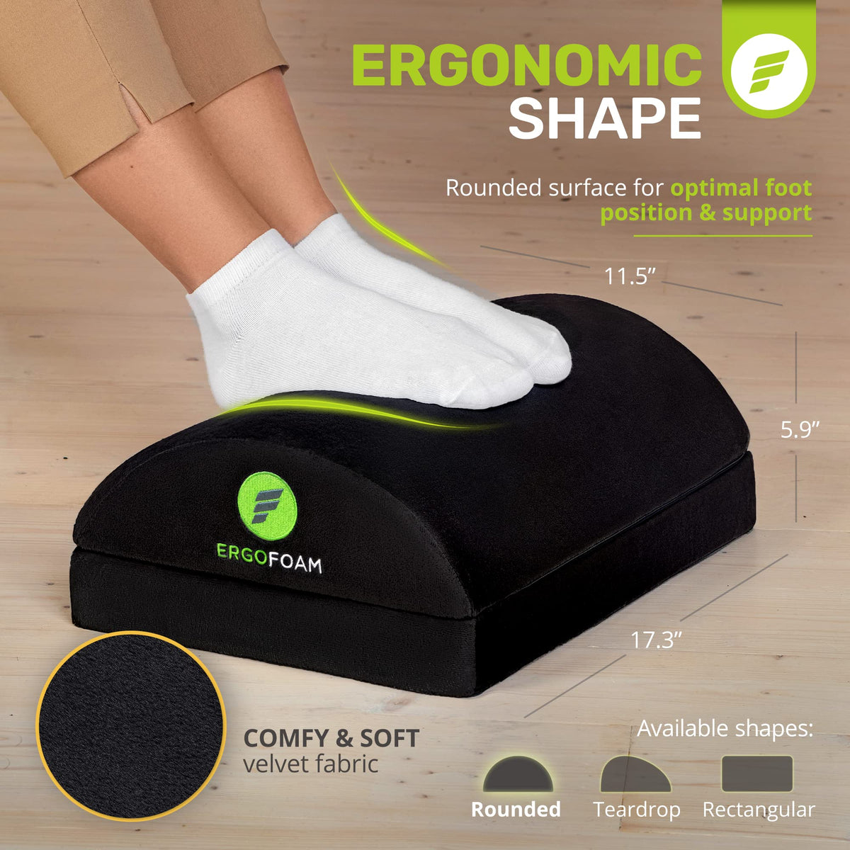 ErgoFoam Foot Rest for Under Desk at Work Adjustable - Chiropractor-Endorsed, High-Density Foam, Velvet (Black)