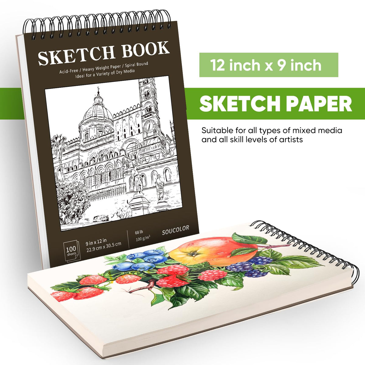 Soucolor 9" x 12" Sketch Book 100 Sheets, Acid Free (68lb/100gsm) Artist Drawing Paper Book Painting Sketching Pad, Classroom Must Haves Supplies for Teacher Student, Back to School Supplies