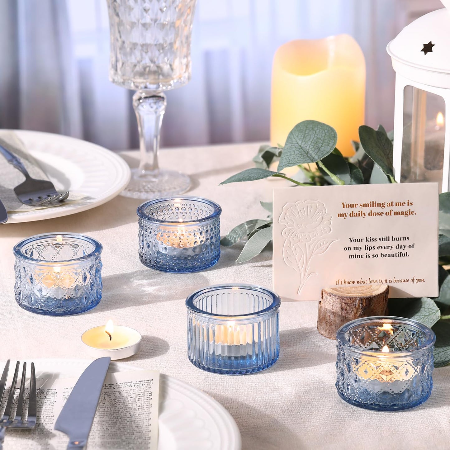 Lanttu 15 Pcs Glass Blue Tealight Candle Holders 2.17"x1.38"