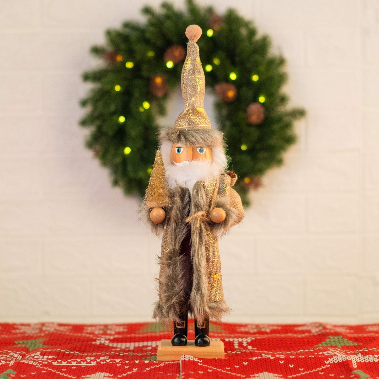 FUNPENY 14" Christmas Decorative Nutcracker, Handmade Wooden Santa Traditional Nutcracker in Flannel Ful Golden Coat, Festive Collectible Nutcracker, Winter Tabletop Christmas Decoration